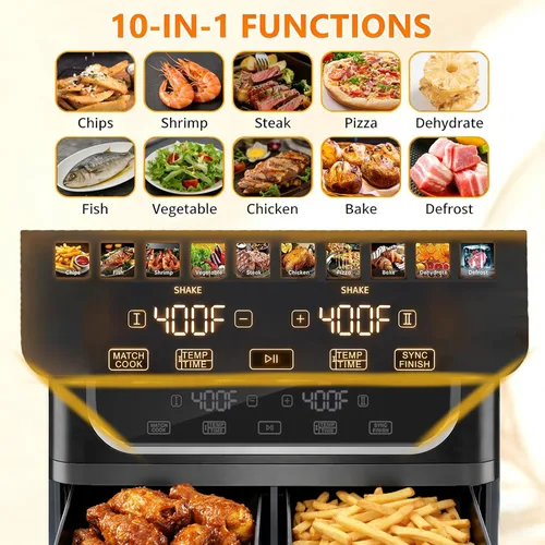 Vista 4 de Simple Deluxe Freidora de aire de doble cesta de 9.5 cuartos de galón, freidora de aire preestablecida digital 10 en 1 de 1700 W, cocina