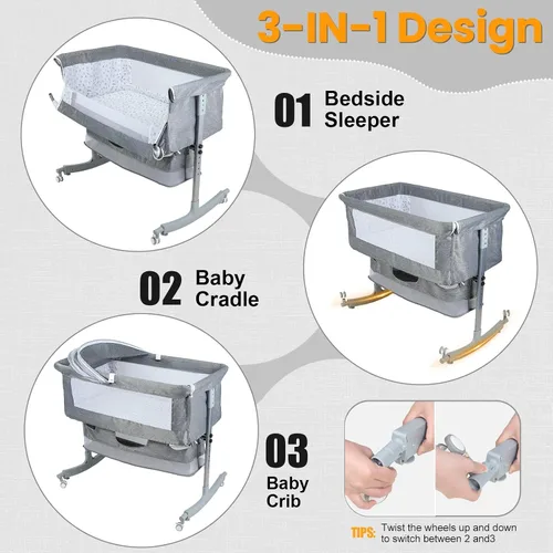 Vista 9 de 3-in-1 Bedside Crib for Baby, Adjustable Height Bassinet with Wheels, Storage Basket & Mosquito Net, Portable Baby Bed Splicing Rocking Cradle for