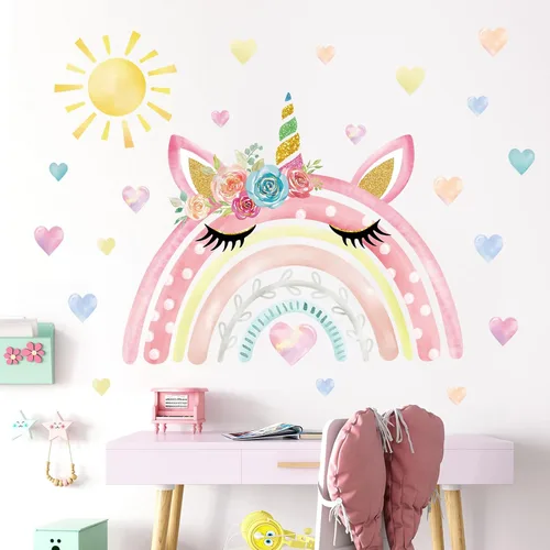 Vista 3 de wondever Calcomanías de pared de acuarela arco iris unicornio corazones sol