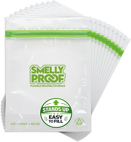 Vista 14 de Smelly Proof 50 bolsas reutilizables de almacenamiento de alimentos expandibles de pie y relleno, fabricadas en Estados Unidos, sin PEVA ni BPA