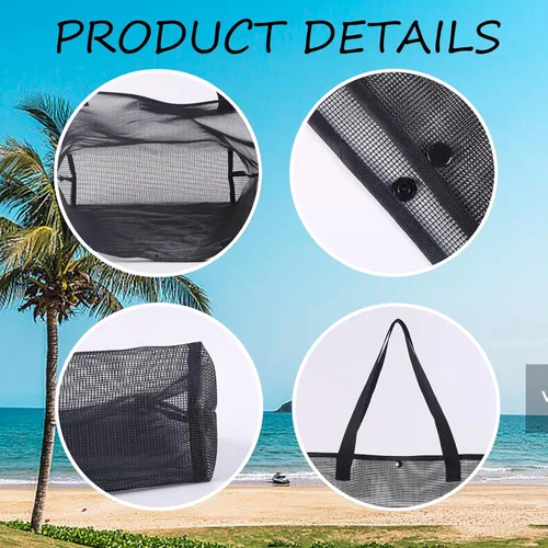Vista 5 de Paquete de 2 bolsas grandes y ligeras de malla simple con botón a presión, reutilizable, bolsa de piscina para viajes al aire libre, compras