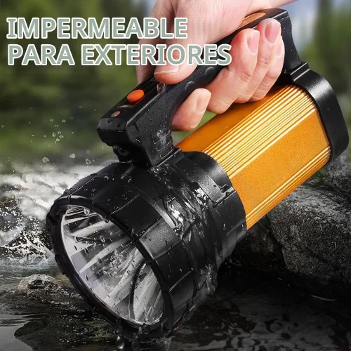 Vista 4 de Linterna recargable de 1200 lm, linterna de mano impermeable IP67 con 3400 mAh, 30 horas de funcionamiento, salida USB, foco LED con correa