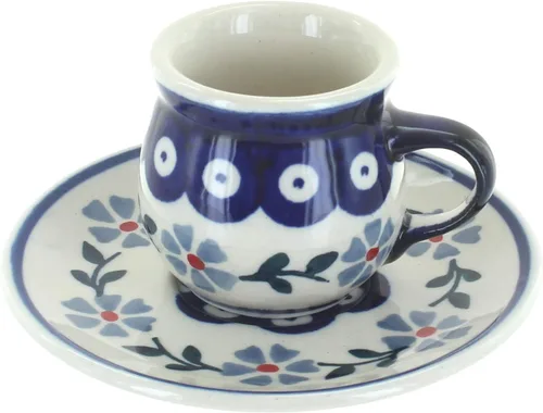Vista 3 de Blue Rose Polish Pottery - Taza y platillo de café expreso de mariposa amarilla y azul - 3 onzas - Taza y platillo únicos, perfecto para el desayuno
