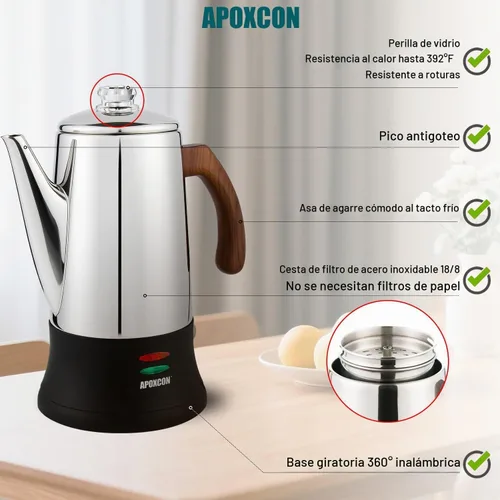 Vista 7 de APOXCON Cafetera eléctrica de acero inoxidable con dos perillas de vidrio resistentes al calor y mango de madera tratada con función de mantener
