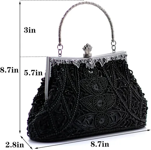 Vista 2 de DA BODAN Bolso de noche para mujer, estilo vintage, con cuentas y lentejuelas y perlas, bolso de hombro para boda, novia, fiesta de graduación
