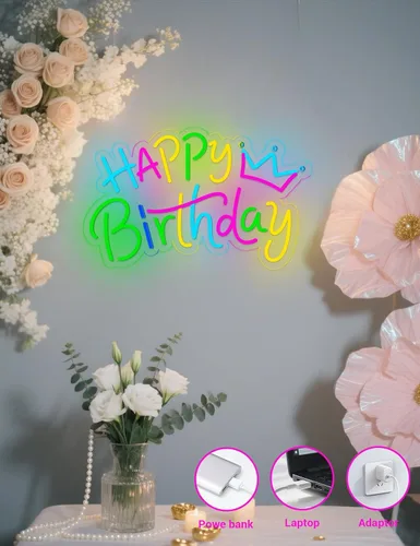 Vista 3 de Letrero de neón de feliz cumpleaños para decoración de fondo, letrero LED con luz de feliz cumpleaños para telón de fondo de fiesta con alimentación