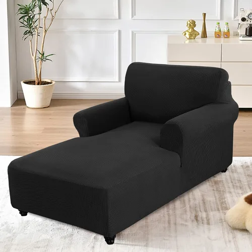 Vista 2 de Protector de muebles de tela jacquard a cuadros pequeños, suave con parte inferior elástica, funda para tumbona con doble brazo (negro, M)
