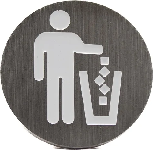 Vista 10 de Logotipo de basura, emblema, medallón, cocina, oficina, parte delantera del gabinete, 1.5 pulgadas, acero inoxidable, latón, negro mate, cantidad 1