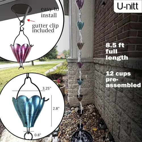 Vista 4 de U-nitt Cadena de lluvia colección de agua para canalones, atrapador de agua de lluvia y desviador, cadenas de 8.5 pies para jardín exterior, copas