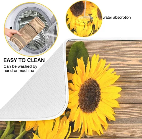 Vista 2 de Tapete de secado de platos, girasoles en madera, tapete de secado reversible absorbente de flores, tapete de secado de platos, tapete para secar