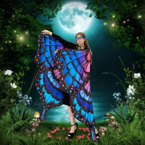 Vista 5 de Shireake Baby Disfraz de alas de mariposa, impresión de doble cara para adultos, disfraz de capa de mariposa de Halloween, fiesta de mujeres