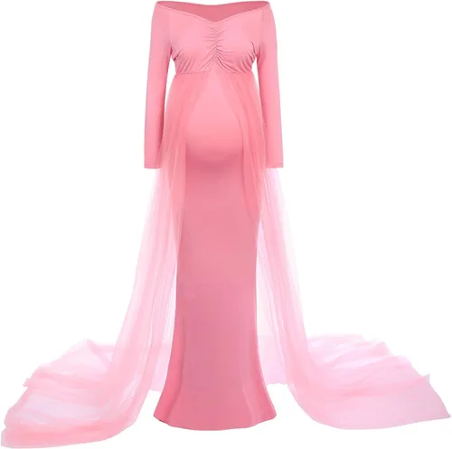 Vista 2 de Vestido de maternidad de manga larga con hombros descubiertos para mujer, vestido de tul para boda, sirena para sesión de fotos, baby shower