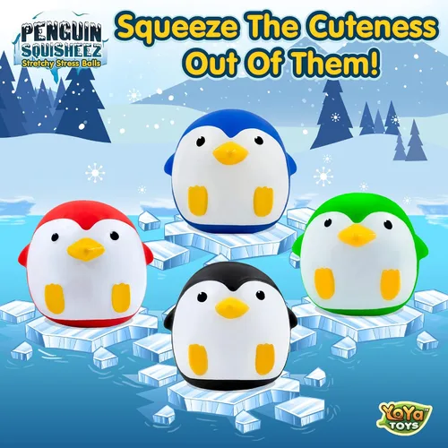 Vista 4 de YoYa Toys Penguin Squisheez - Pelotas blandas para aliviar el estrés (juego de 4) Juguetes elásticos en forma de animales para niños, niñas