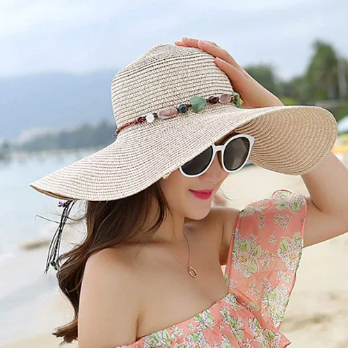 Vista 2 de Sombrero de paja de protección solar de ala ancha para mujer, sombrero flexible plegable, gorra de playa con protección UV de verano Cadena-beige