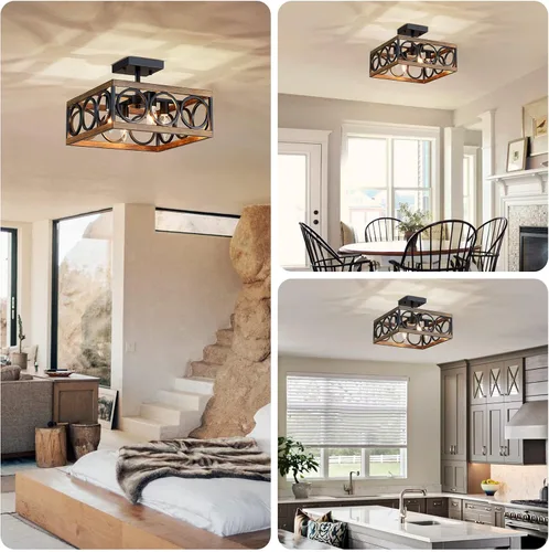 Vista 5 de XINGQI Moderna lámpara de techo semiempotrada de 4 luces de 13 pulgadas para sala de estar, comedor, dormitorio, grano de madera antigua+acabado