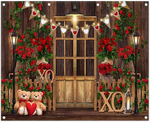 Vista 8 de Telón de fondo de fotografía de poliéster para el día de San Valentín, 7 x 5 pies, diseño de rosa roja, fondo de madera, corazón, oso, amor