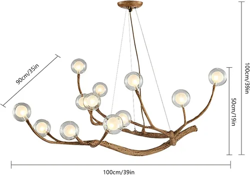 Vista 2 de Moderno candelabro Sputnik de burbujas de cristal, 12 luces, ramas de madera de mediados de siglo, lámparas de techo, lámpara de techo industrial
