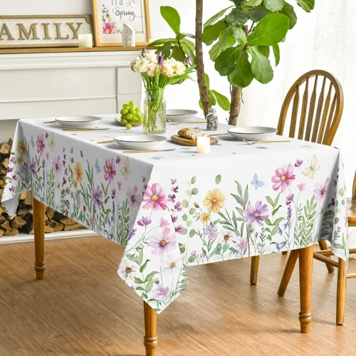 Vista 3 de Horaldaily Mantel de primavera de 52 x 70 pulgadas, diseño de flores silvestres y mariposas florales, lavable, para decoración de fiestas, picnic