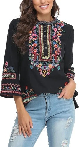 Vista 2 de YZXDORWJ Camisa bordada mexicana para mujer