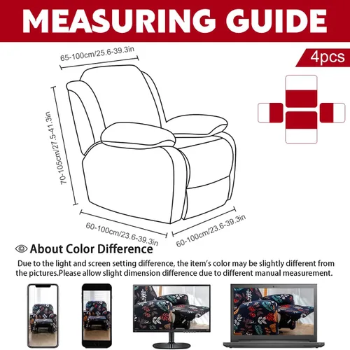 Vista 4 de Juego de 4 fundas para sillón reclinable de alta elasticidad, funda suave para sofá de 1 asiento, funda estampada para silla reclinable con bolsillo