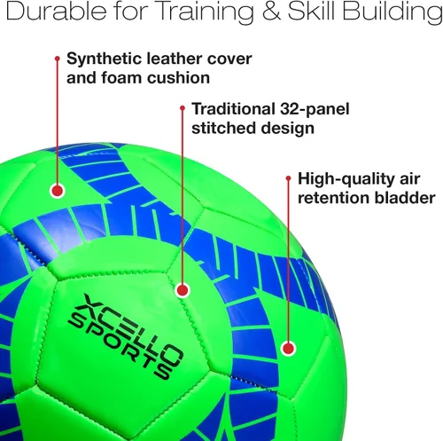 Vista 4 de Xcello Sports Balón de fútbol tamaño 4 gráficos surtidos (naranja, verde, azul marino) con bomba (paquete de 6)