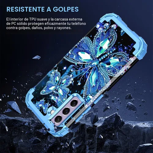 Vista 5 de Miqala Funda para Galaxy S21 FE 5G, brilla en la oscuridad, tres capas, resistente, protección a prueba de golpes, parachoques de plástico Azul