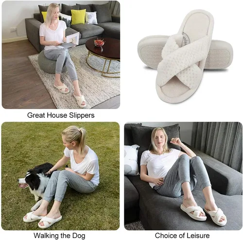 Vista 6 de DL Pantuflas de punta abierta con banda cruzada para mujer, pantuflas de espuma viscoelástica para el hogar con soporte de arco para interiores