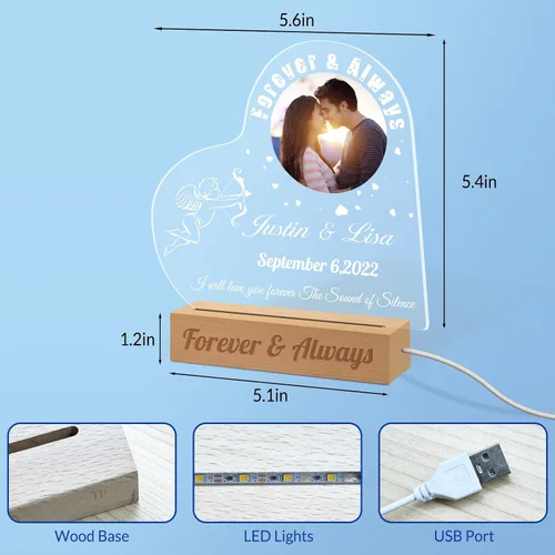 Vista 3 de Luz nocturna con foto personalizada, lámpara LED con nombre de corazón, lámpara acrílica personalizada con imagen, regalo para su novia, amante