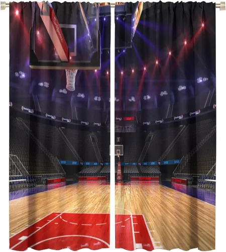 Vista 13 de Cortinas deportivas de baloncesto para niños, patrón de llama de bola 3D naranja, 42 pulgadas de ancho x 45 pulgadas de largo