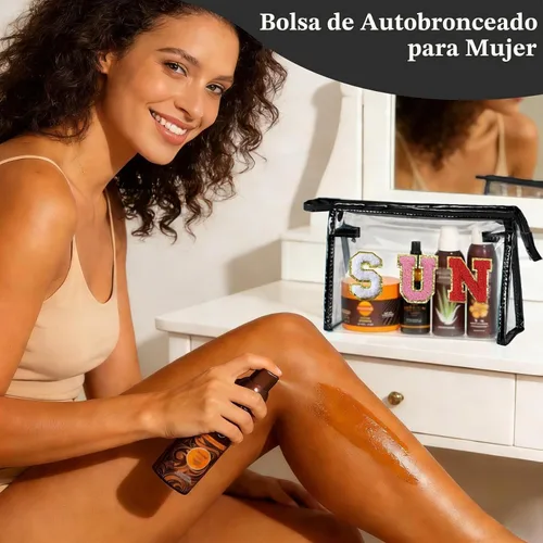 Vista 6 de COSHAYSOO Bolsa de Maquillaje Transparente con Protección Solar, Bolsa de Protector Solar con Parches de Letras, Accesorios Esenciales de Playa