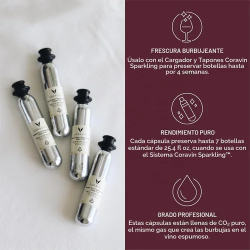 Vista 2 de Coravin Cápsulas de CO2 para vinos espumosos para uso con sistema de conservación espumosa Cada cápsula tiene capacidad para hasta 7 botellas
