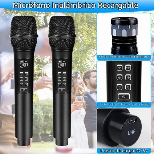 Vista 2 de K28 Micrófono inalámbrico recargable para karaoke con control de volumen y eco y receptor, micrófono dinámico de mano UHF para cantar karaoke habla