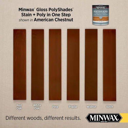 Vista 2 de Minwax Tinte para madera PolyShades + acabado de poliuretano, ½ pinta, castaño americano, brillo American Chestnut