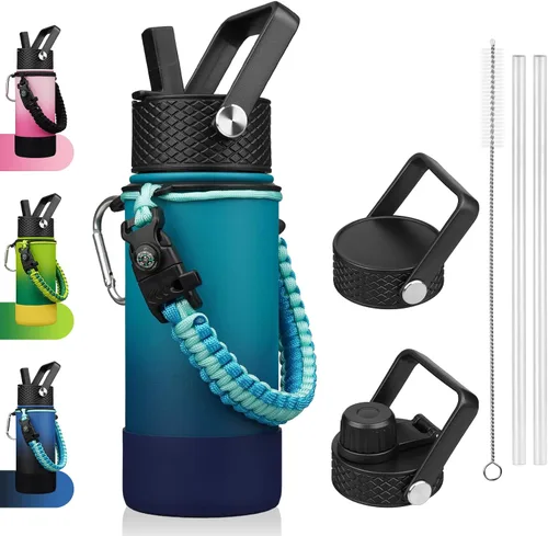 Vista 51 de BJPKPK - Botella de agua con tapa de popote, botellas de agua aisladas de 18 onzas con 3 tapas, asa de cuerda de paracaídas y base antideslizante