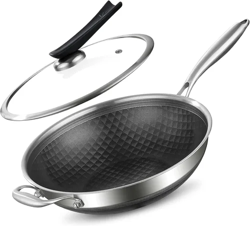Vista 9 de DELARLO Wok con Tapa de 12 Pulgadas Wok Antiadherente, Apto para Horno Hasta 600℉, Woks y Sartenes para Freír Antiadherentes, Wok de Acero