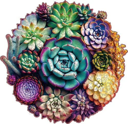 Vista 17 de Mys Aurora - Rompecabezas de madera para adultos, diseño de cactus y flores, 200 piezas