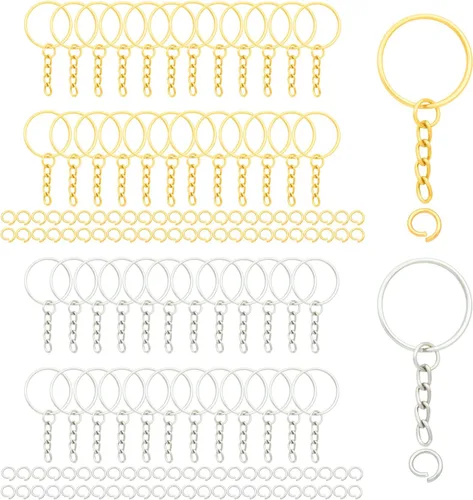 Vista 6 de 100 juegos de llaveros de 1 pulgada, llavero redondo dividido dorado con cadena y anillos de salto abiertos para hacer llaveros de bricolaje