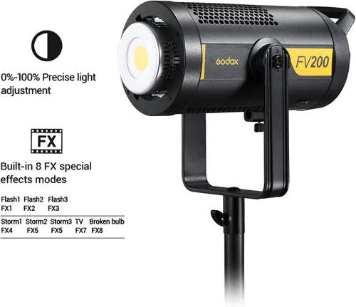 Vista 6 de Godox FV200 200W 2.4G Flash LED Light, CRI96+, TCLI 96+, 18000LUX, 5600K ± 200K, sincronización de alta velocidad 1/8000s, 8 modos de efectos