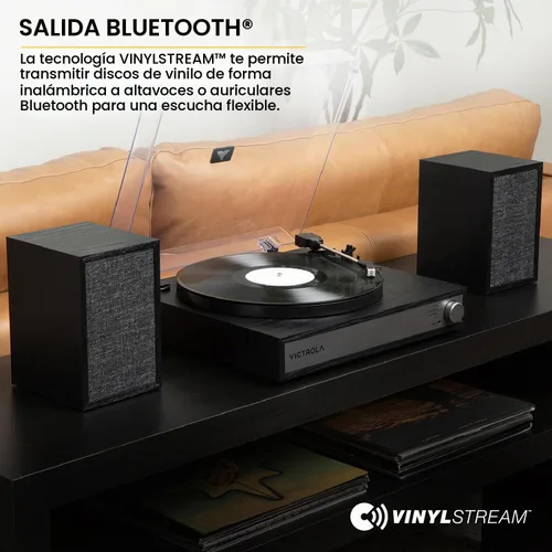 Vista 4 de Victrola Harmony – Sistema de giradiscos Bluetooth – Reproductor de discos de vinilo de 3 velocidades, altavoces estéreo para estantería, diseño