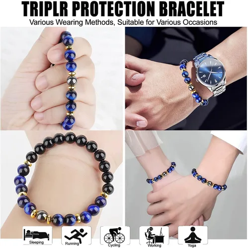 Vista 6 de Pulsera de triple protección de buena suerte, para hombres y mujeres, ojo de tigre azul, obsidiana negra, hematita, riqueza, prosperidad, felicidad