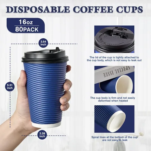Vista 2 de LITOPAK Paquete de 80 vasos de papel desechables de 16 onzas con aislamiento de pared ondulada, tazas de café de papel caliente aisladas de tres