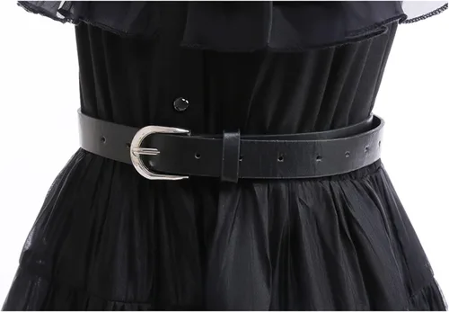Vista 5 de Xinfenglai Wednesday Addams - Vestido de baile negro con cinturón, vestido de cosplay, juego de simulación, disfraz de fiesta de Halloween para niñas