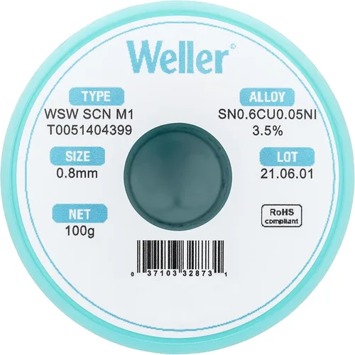 Vista 2 de Weller WSW SCN M1 (T0051404399) Alambre de soldadura sin plomo, diámetro: 0.8 mm / 0.039 in, peso: 100 g / 3.527 oz, aleación Sn99.3Cu0.6Ni0.05