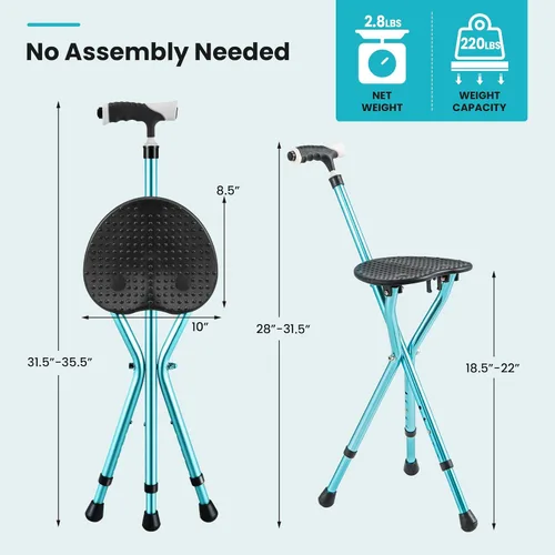 Vista 7 de GYMAX Combo de silla de bastón, asiento plegable de caña con luz LED, tabla de asiento de masaje y mango ergonómico, bastón antideslizante ajustable