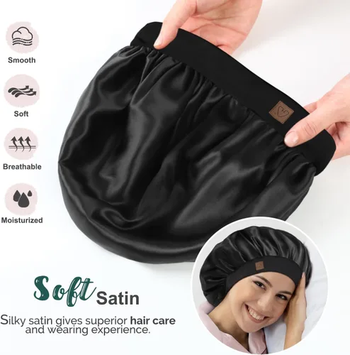 Vista 4 de Hat Hut Gorro de satén de seda para dormir para mujer, gorro de pelo para cabello rizado, banda ancha ajustable, doble capa