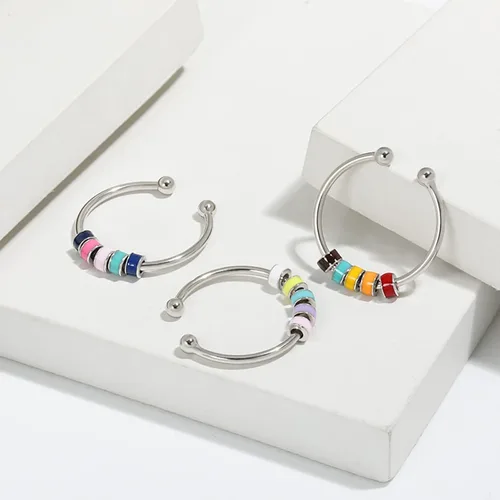 Vista 2 de rongji jewelry Anillo giratorio para aliviar la ansiedad para mujer, anillo abierto de acero inoxidable de calidad y duradero con cuentas giratorias