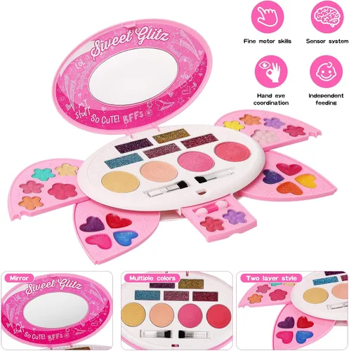 Vista 4 de Kit de maquillaje para niños para niñas, juego de maquillaje real, paleta de maquillaje plegable con espejo, kit de maquillaje no tóxico para niños
