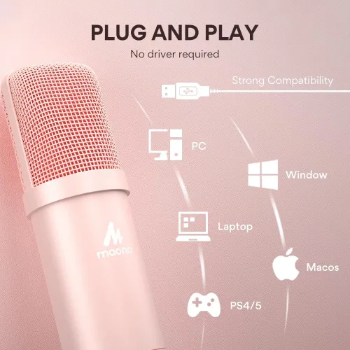Vista 5 de MAONO Kit de micrófono USB, 192KHZ/24Bit Plug & Play PC Podcast condensador cardioide metal kit de micrófono con chipset de sonido profesional