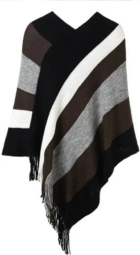 Vista 2 de Ferand - Poncho tejido elegante para mujer, con diseño de rayas y extremos con flecos