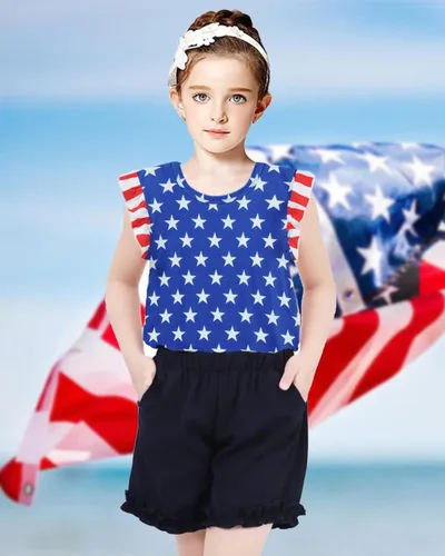 Vista 2 de Girls 4th of July Tee USA Red White and Blue Shirt Toddler Girl American Flag Patriotic Outfit 2-7 Years